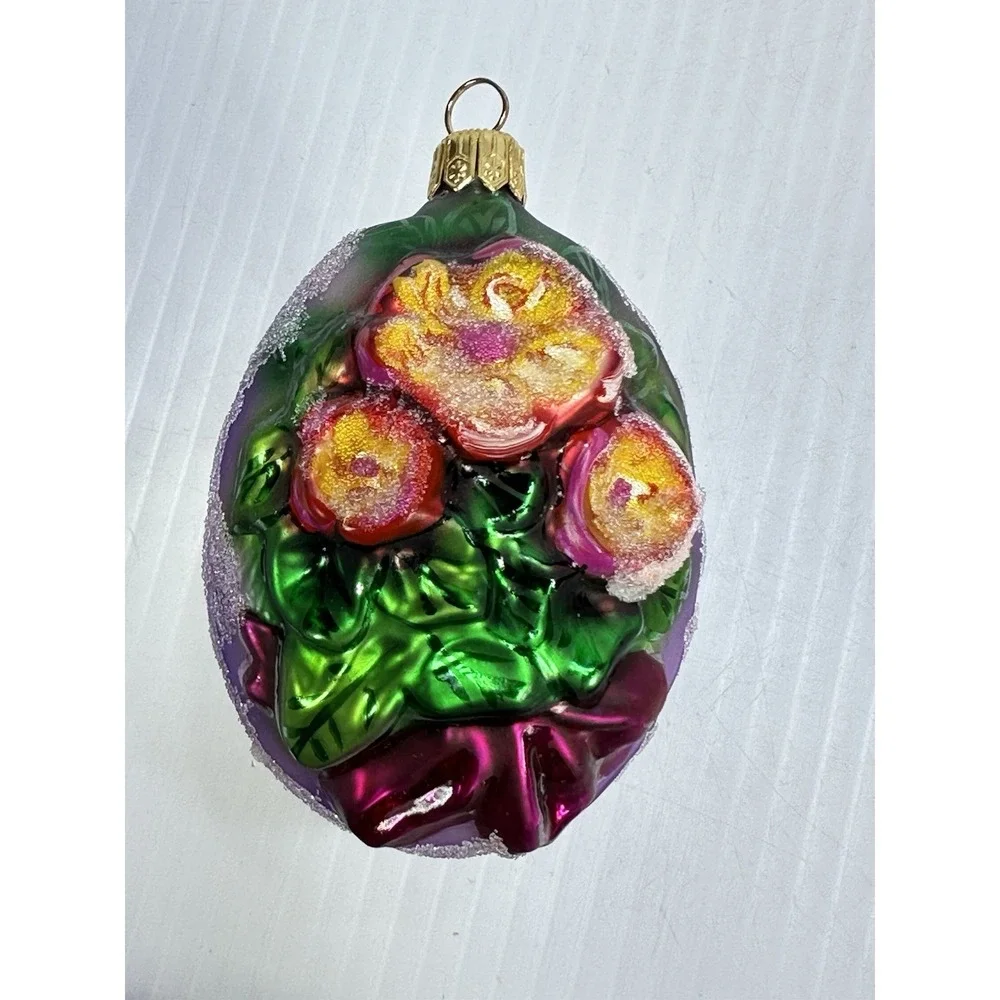 VTG Christopher Radko Egg Blossom Glass Handpainted Easter Ornament Flowers 4